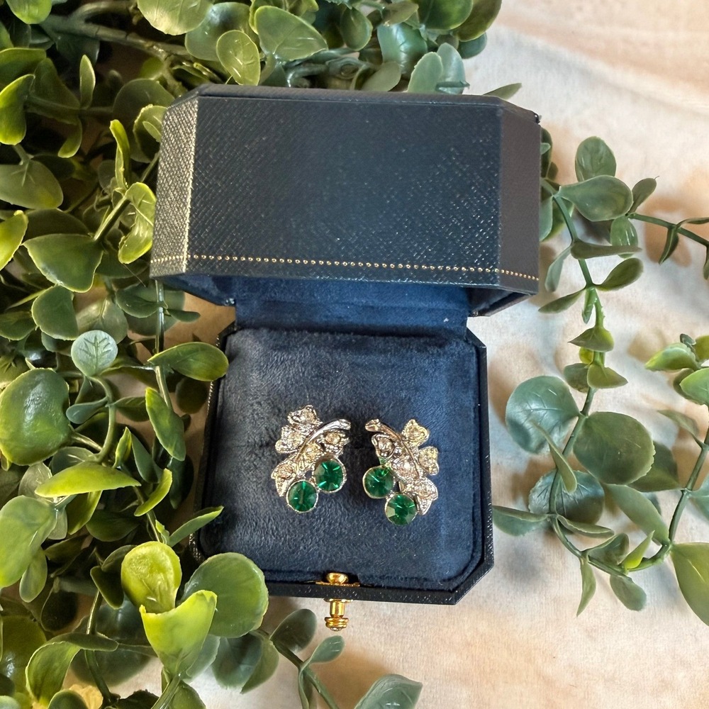 Green and‎ Clear Crystal Screw Back Earrings